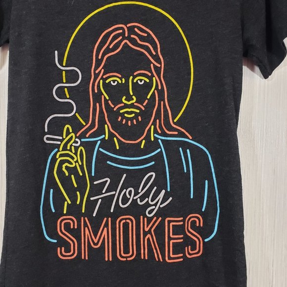 Canvas Holy Smokes funny graphic t-shirt with neon Jesus smoking - Picture 4 of 5